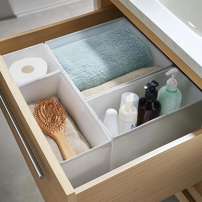 TYEERS Drawer Organizers, Durable Fabric, Washable, with Base Support Boards, Small Storage Boxes for Bathroom, Closet, Dresser, Set of 12, White - Image 4