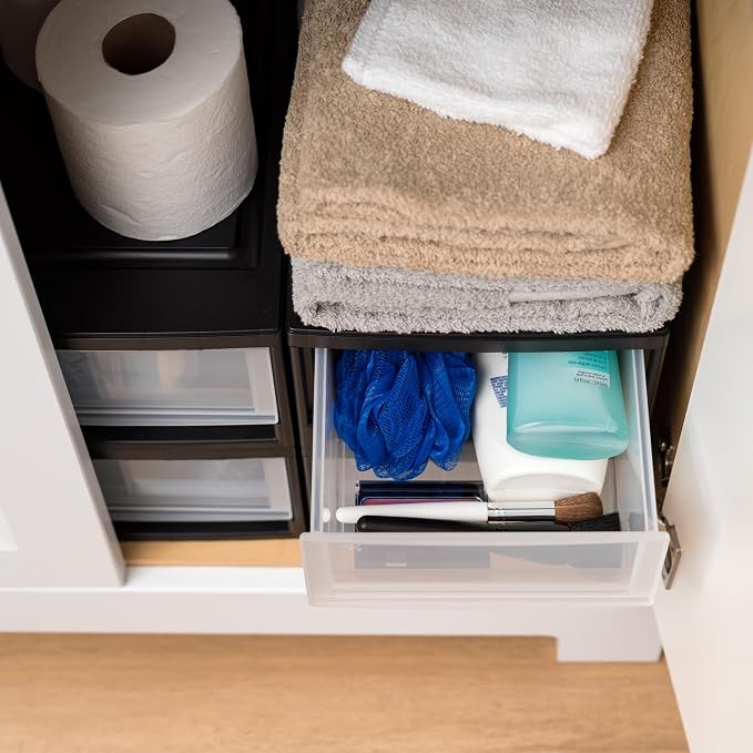 IRIS USA 6 Qt. Small Plastic Stacking Drawer, Stackable Storage Organizer Unit with Sliding Drawer for Bedroom Kitchen Under Sink Pantry Craft Room Dorm Office, Black, 4-Pack - Image 9