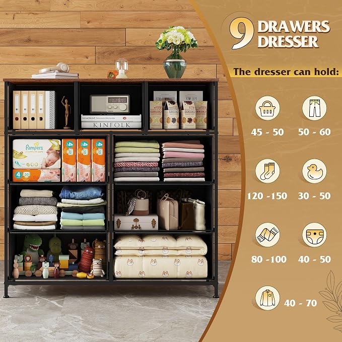 WLIVE 9 Drawer Dresser, Fabric Storage Tower for Bedroom, Hallway, Closet, Tall Chest Organizer Unit for Bedroom with Fabric Bins, Steel Frame, Wood Top, Easy Pull Handle, Black and Rustic Brown - Image 5