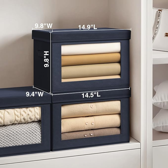 Homsorout Stackable Storage Bins with Lids - Medium Storage Box with Lids, Foldable Closet Boxes for Organizing, Wardrobe Clothes Organizer with Window, Cubes Bins for Living Room, 5 Pack, Navy Blue - Image 2