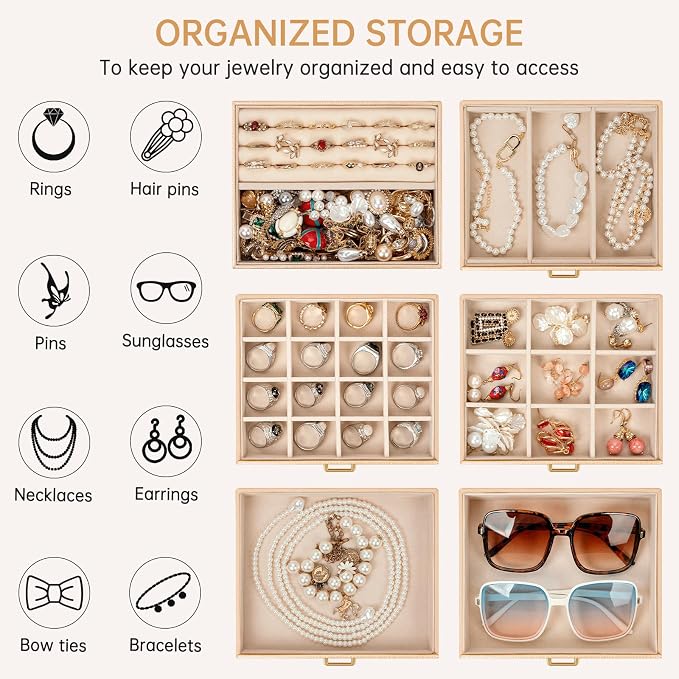 AKOZLIN 6-Tier Jewelry Box Organizer Functional 5 Drawers Leather Jewelry Storage Case for Women Girls Ring Necklace Earring Bracelet Holder Organizer with Mirror Champagne - Image 3