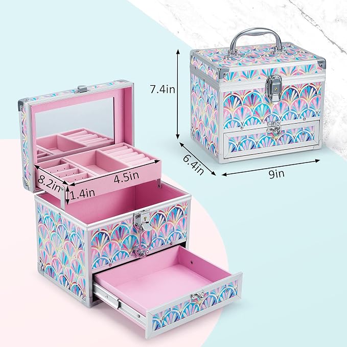 Hododou Girls Jewelry Box Organizer with Drawer & Mirror, Mermaid Tail Style Lockable Storage Case for Kid or Little Girls Jewelry and Hair Accessories - Image 6