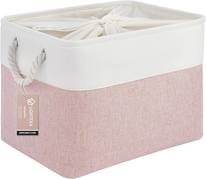 Large Storage Baskets- 16x12x12 inch Storage Bins for Shelves and Closet Organizing, Foldable Fabric Bin for Home Organization Clothes and Laundry (1-Pack, White&Pink) by VQRTEXAStorageBasket