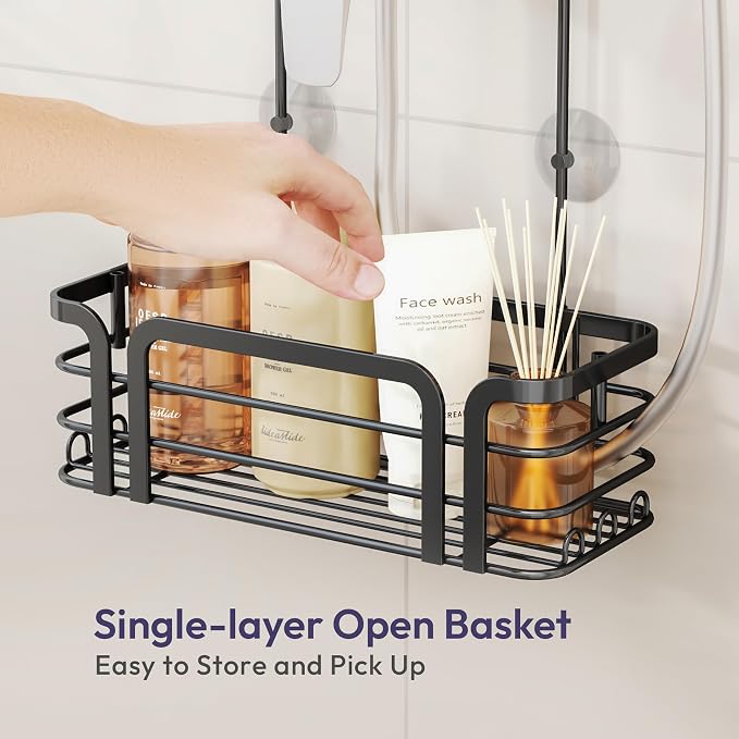 SWTYMIKI Shower Caddy Hanging Organizer - Over the Door Shower Caddy with 6 Hooks, 2 Installation Ways, Stainless Steel Rustproof Bathroom Organizer, Black - Image 4