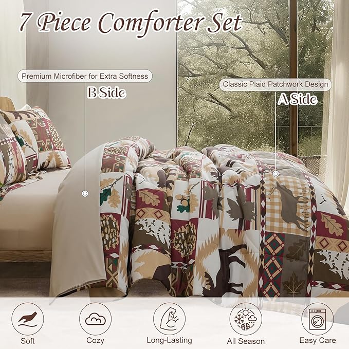 Comforter Set King Size Plaid Patchwork Comforter Bedding-7 Piece Bed in a Bag,Soft Reversible Bear Moose Microfiber Bedding Set(1 Comforter,1 Flat Sheet,1 Fitted Sheet,2 Pillowcases,2 Pillow Shams)