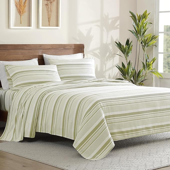 ClevaHome Classic Stripe Sheet Set - 4 Pieces Super Soft & Breathable Bed Sheet Set with Deep Pocket, Enhanced Comfort & Easy Care (Queen, Sage Stripe)