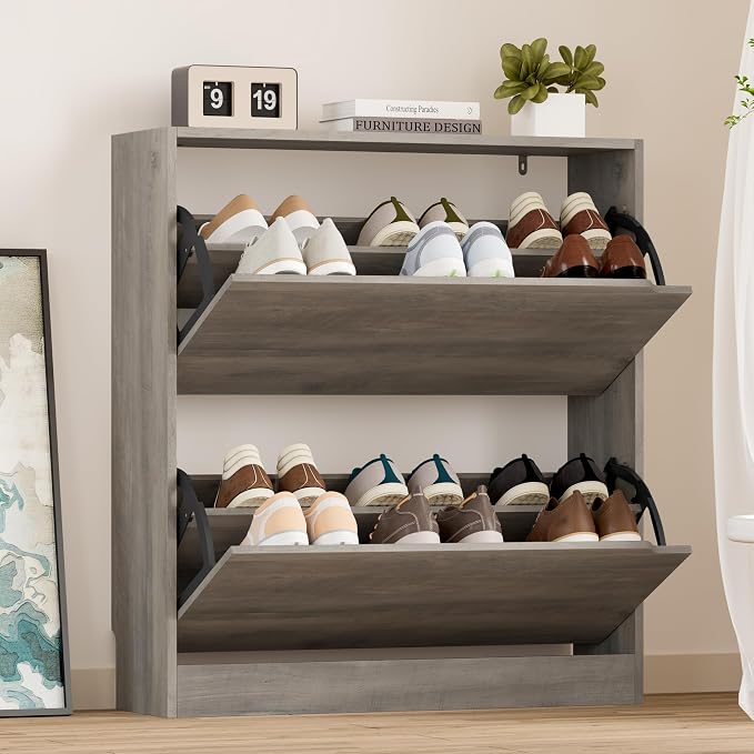 BORNOON Shoe Cabinet with 2 Flip Drawers, Slim Narrow Shoe Storage Cabinet, Freestanding Shoe Organizer with Adjustable & Removable Shelves, Top Display Shelf for Entryway, Hallway, Foyer, Closet by BORNOON
