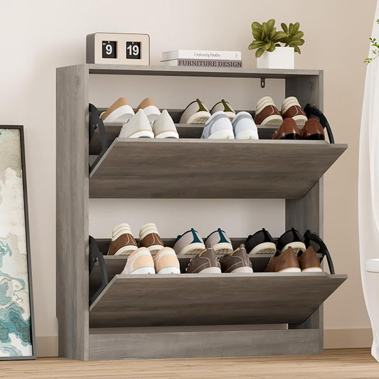 BORNOON Shoe Cabinet with 2 Flip Drawers, Slim Narrow Shoe Storage Cabinet, Freestanding Shoe Organizer with Adjustable & Removable Shelves, Top Display Shelf for Entryway, Hallway, Foyer, Closet by BORNOON