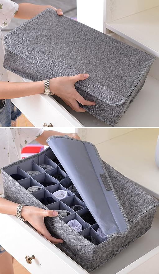 MURRI&MURRDI 2 Packs Sock and Underwear Storage Closet Organizer with Lids, 30 Cells Foldable Drawer Divider, Linen Cotton Storage Box Bin for Lingerie, Ties, Scarves, Grey - Image 6