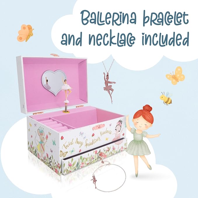 The Memory Building Co Ballerina Musical Jewelry Box Plays Classic Melody, Storage Organizer Music Box for Kids Ages 6-12, MDF Wood w/ 2 Fabric Lined Ring Bracelet Necklace Treasure Compartments - Image 9