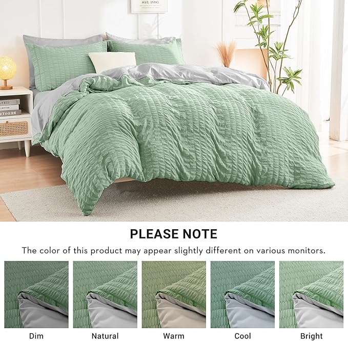 HYMOKEGE Sage Green/Light Grey King Size Comforter Set Seersucker 7 Pieces, All Season Luxury Bed in a Bag for Bedroom, Bedding Set with Comforter, Sheets, Pillowcases & Shams