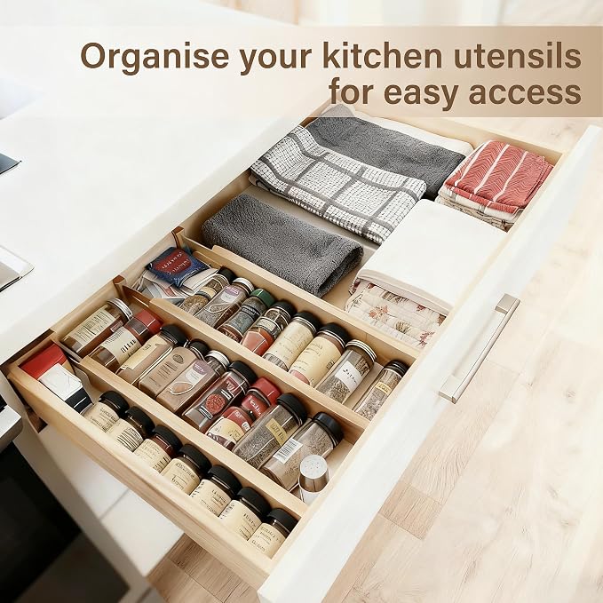 Bamboo Drawer Divider Set of 8, Adjustable Spring-Loaded Drawer Organizer (16.9"-22.2"), 2.3" Height, Suitable for Kitchen, Desk, Bathroom, Clothing, and Miscellaneous Drawer Organization, Natural - Image 4
