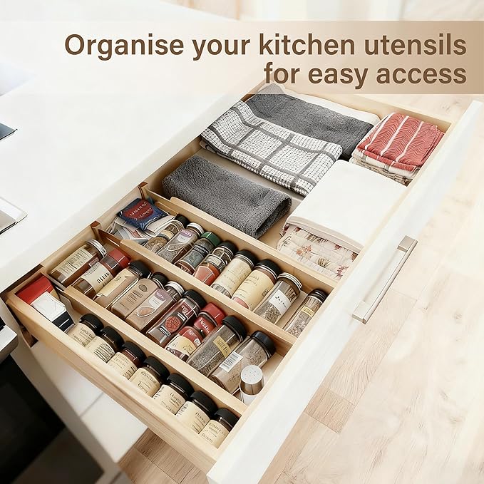 Bamboo Drawer Divider Set of 4, Adjustable Spring-Loaded Drawer Organizer (16.9"-22.2"), 2.3" Height, Suitable for Kitchen, Desk, Bathroom, Clothing, and Miscellaneous Drawer Organization, Natural - Image 4