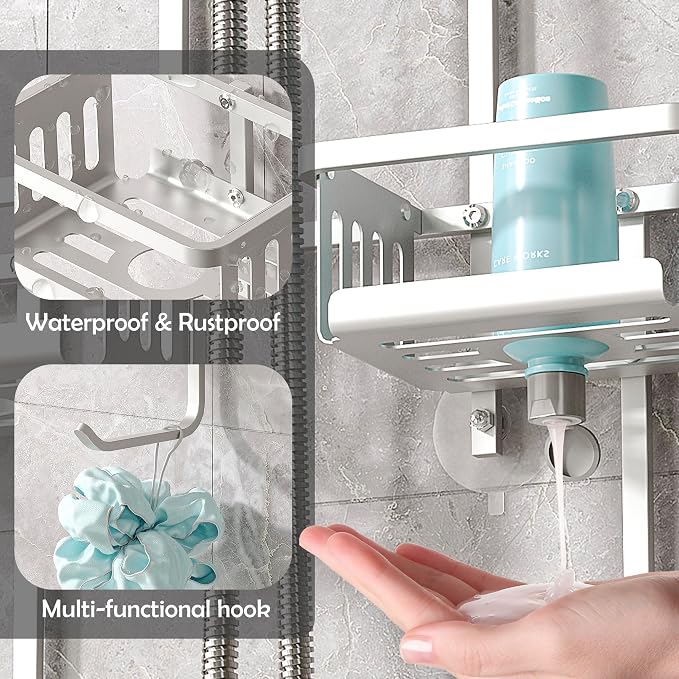 Aluminum Shower Caddy Hanging for Handheld Showerheads, Never Rust Shower Organizer with Hooks Holder Toothbrush Holder，Over Showerhead Caddy for Bathroom - Image 5