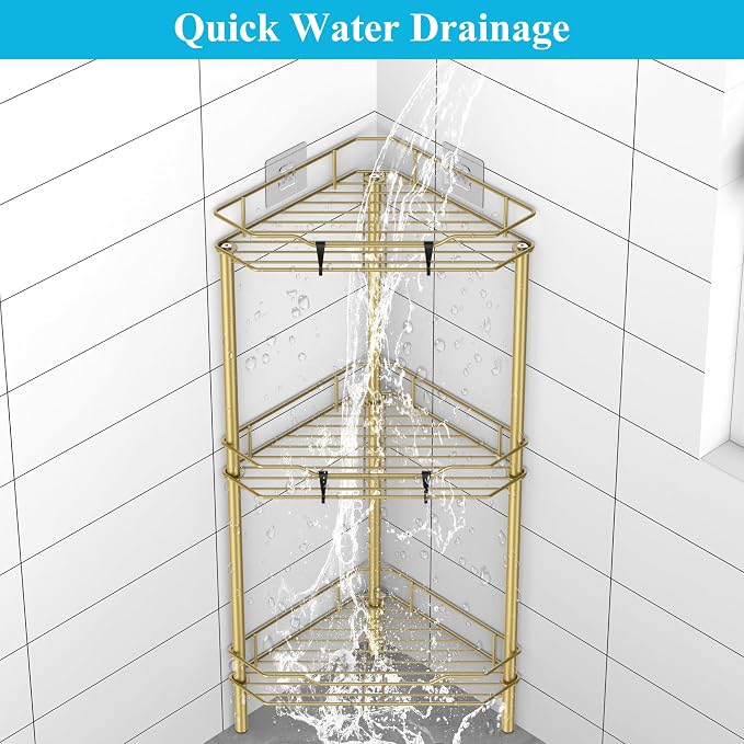HuggieGems 3 Tier Floor Standing Corner Shower Caddy Organizer Shelf with Hooks, Bathroom Shelves Stand Rack, Gold - Image 5