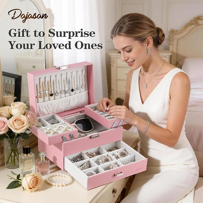 Dajasan Jewelry Organizer Box, Large Jewelry Boxes for Women Girls, Space-Saving 3 Layers Jewelry Storage Case with Drawer, Gift Idea, Movable Metal Stand, Modern (Pink) - Image 7