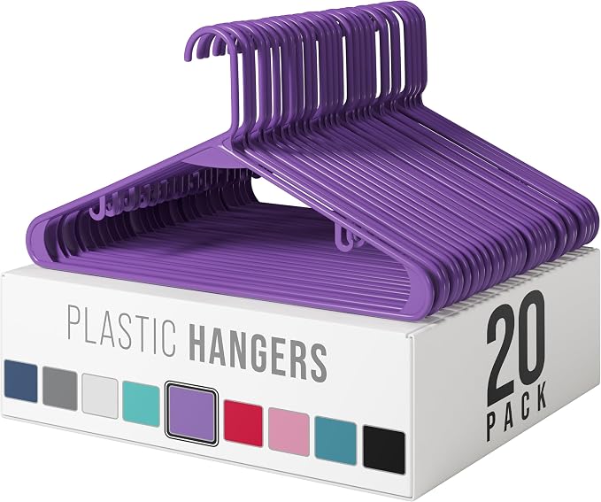 Plastic Hangers 20 Pack Purple - Clothes Hangers - Makes The Perfect Coat Hanger and General Space Saving Hangers for Closet and New Apartment Essentials - Percheros Ganchos para Colgar Ropa Hangars by Neaterize