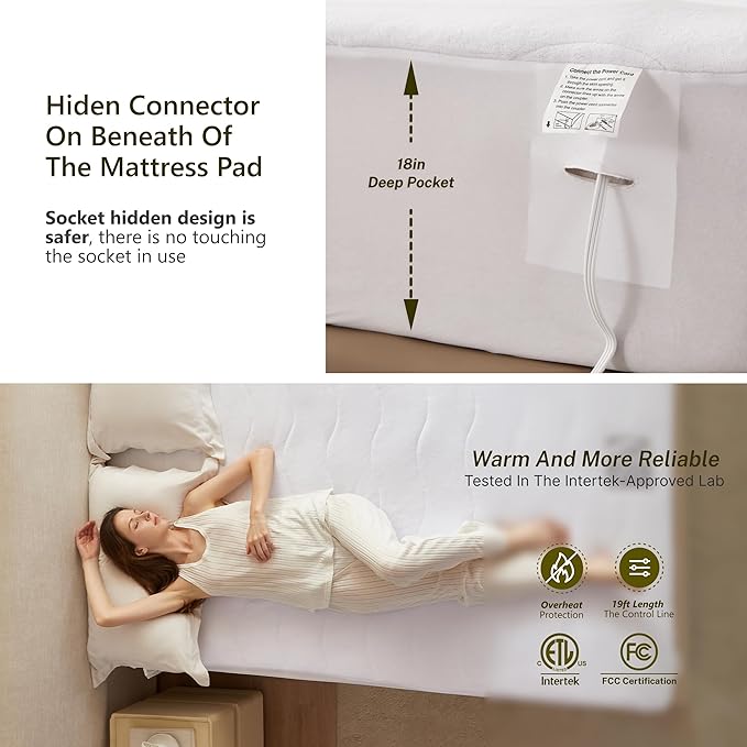 Heated Quilted Wave Mattress Pad,Full Size,Soft Bed Warmer,10 Heat Settings,1-12 Hours Auto-Off,Fast Heating,ETL Certified,Machine Washable,Fit Up to 18" Deep Pocket,54"x75"