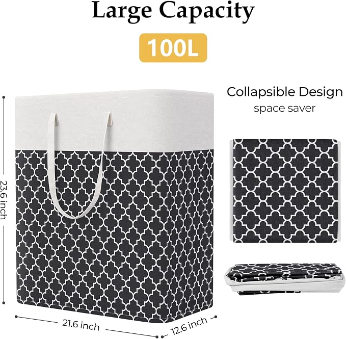 StorageRight Laundry Basket Hamper Large Collapsible Laundry Hamper with Easy Carry Handles，Freestanding Clothes Hampers for Laundry, Bedroom, Dorm, Clothes, Towels, 100L, Clover Black - Image 2