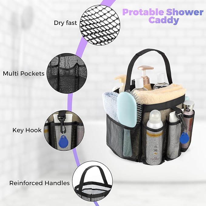 Mesh Shower Caddy Portable for College Dorm Room Essentials with 8-Pocket Large Capacity,Quick Dry Shower Bag for Bathroom, Beach,Gym - Image 3