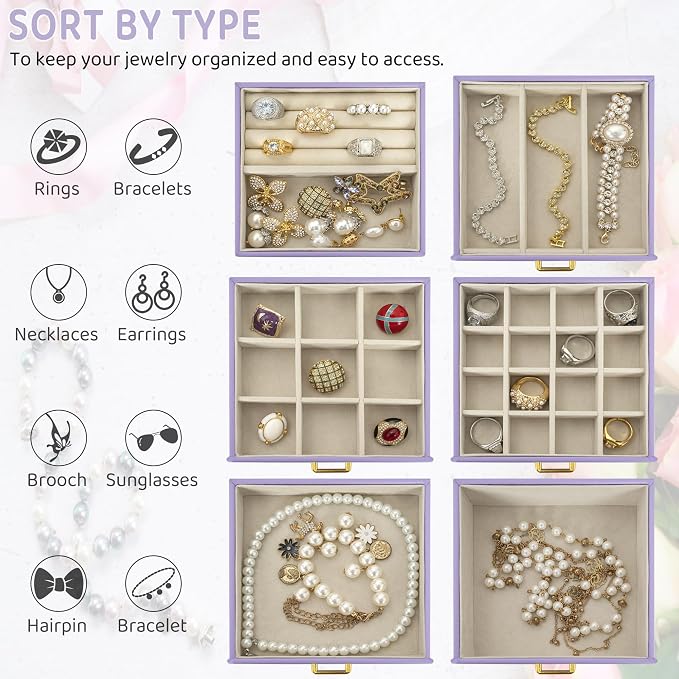 AKOZLIN Jewelry Box Organizer Functional Leather Jewelry Storage Case for Women Girls Ring Necklace Earring Bracelet Holder Organizer with Mirror Purple - Image 4