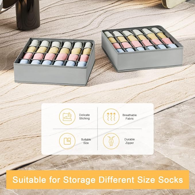 Joyoldelf Sock Drawer Organizer Divider 2 Packs Underwear Organizer, 24 Cell Closet Organizers and Storage Organizer Sock Holders Organizers for Storing Socks, Handkerchiefs, Ties, Belts (Grey) - Image 6