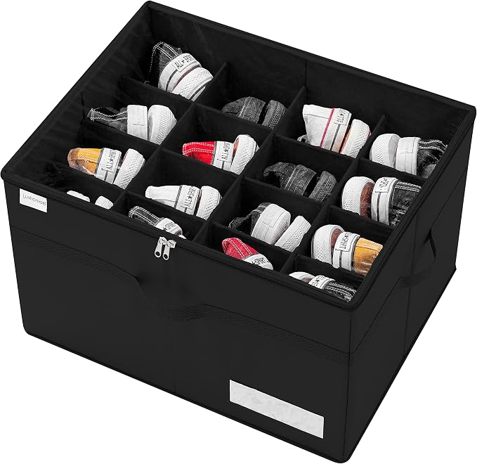 Luvhomee Shoe Storage Organizer, Fits 16 Pairs, Large Shoe Organizer Box for Closet, Clear Foldable Shoes Containers w/Bottom Support, Space Saving Shoe Cubby Storage Boxes w/Reinforced Handles, Black by Luvhomee