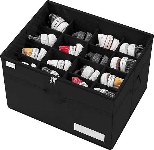 Luvhomee Shoe Storage Organizer, Fits 16 Pairs, Large Shoe Organizer Box for Closet, Clear Foldable Shoes Containers w/Bottom Support, Space Saving Shoe Cubby Storage Boxes w/Reinforced Handles, Black by Luvhomee