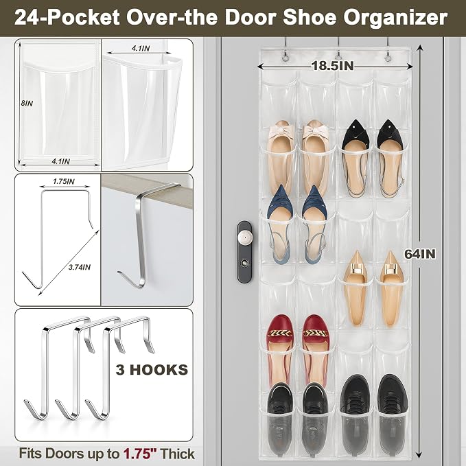 Over the Door Shoe Organizer - 2 Pack Shoe Rack for Door with 24 Pockets and Hooks, Shoe Holder Back of Door Organizers for Shoes, Hanging Shoe Organizer for Space Saving, White - Image 5