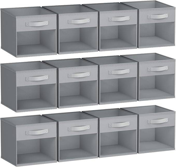 DIMJ Storage Cubes, 12 Pack Cube Storage Bin, Foldable Cube Organizer Storage Bins with Window, Closet Storage Bins with Handle, 11 x 11 inch for Clothes, Toys, Books (Grey) by DiMJ