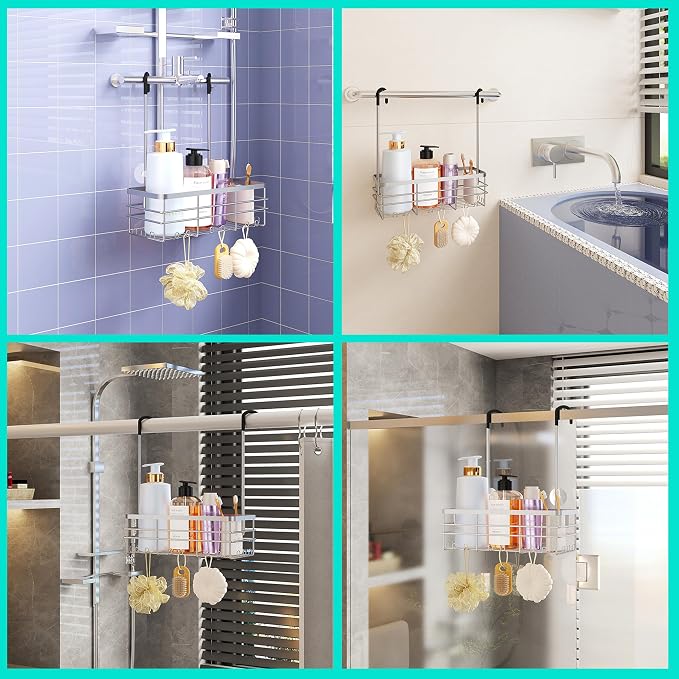 HapiRm Hanging Shower Caddy Organizer - No Drilling Shower Organizer with Hooks, Rustproof & Waterproof 304 Stainless Steel Bathroom Shelves - Silver (1 Basket) - Image 4