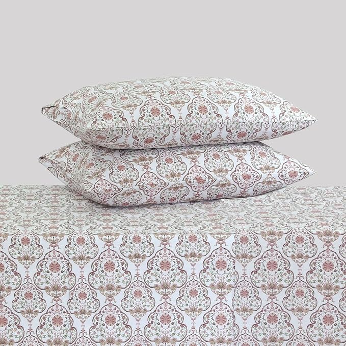 Feather & Stitch Printed 500 TC Queen Size 4pc Damask Bed Sheet Set, 100% Soft Cotton Breathable Bedsheets, 18" Deep Pockets Sateen Weave Striped Bedding Mattress Resort Hotel Luxury - Floral Bloom