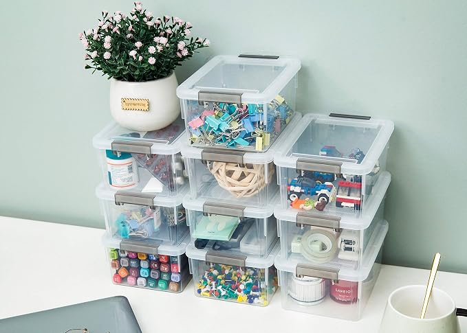 Citylife 1.3 QT 6 Pack Small Storage Bins Plastic Storage Container Stackable Box with Lids for Organizing, Clear White - Image 7