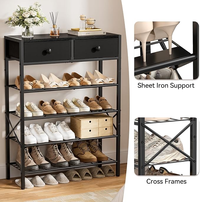 Shoe Rack for Entryway, 5 Tier Shoe Organizer with 2 Non-Woven Drawers, Metal Storage Shoe Shelf for 16-20 Pairs of Shoes, with Wooden Top and Steel Frame, Shoe Stand for Closet Charcoal - Image 6
