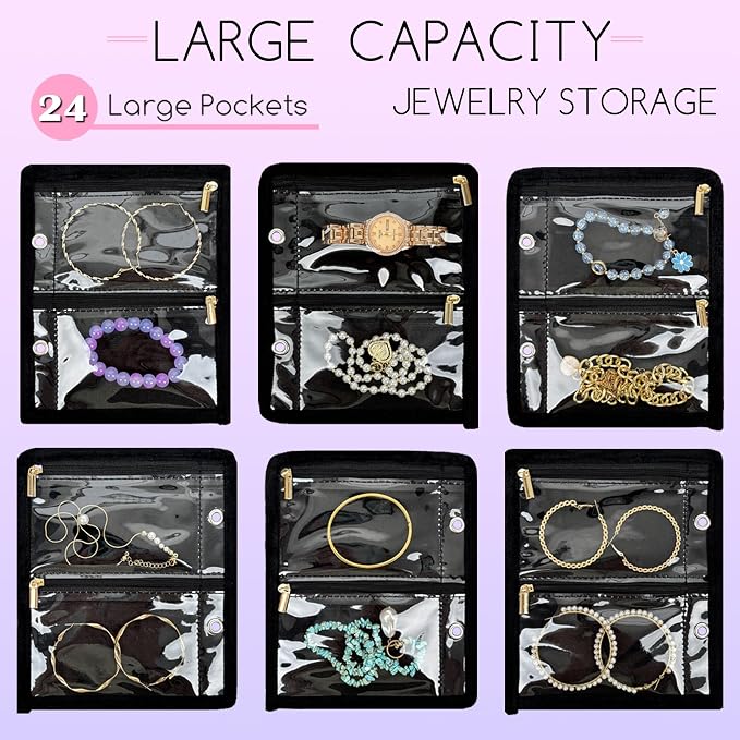 Travel Jewelry Organizer Case,Jewelry Bags for Traveling, Jewelry Binder with 24 Pcs Clear Zipper Velvet Pouches for Storing Earrings, Rings, Necklace, Bracelet, Watch (Black) - Image 4