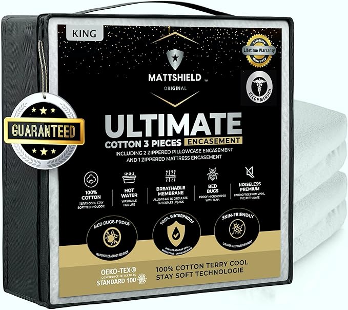 MATTSHIELD Ultimate 3-Piece Kit - Bed Bug-Proof Mattress Cover King Size 100% Cotton Top + 2 Queen Pillow Protectors with Zipper - 6 Sided Waterproof Encasement, Total Defense Kit