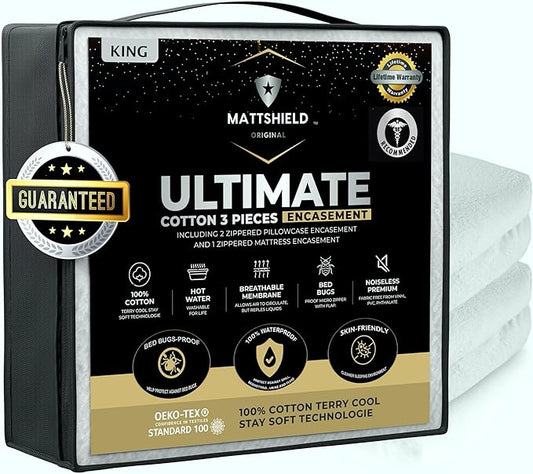MATTSHIELD Ultimate 3-Piece Kit - Bed Bug-Proof Mattress Cover King Size 100% Cotton Top + 2 Queen Pillow Protectors with Zipper - 6 Sided Waterproof Encasement, Total Defense Kit