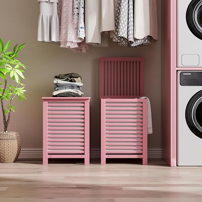 SMIBUY Double Laundry Hamper with Lid, 120L Bamboo Laundry Basket with Removable Liner Bag, 2-Section Clothes Divider Laundry Sorter for Laundry Room, Bathroom, Bedroom (Pink) - Image 9