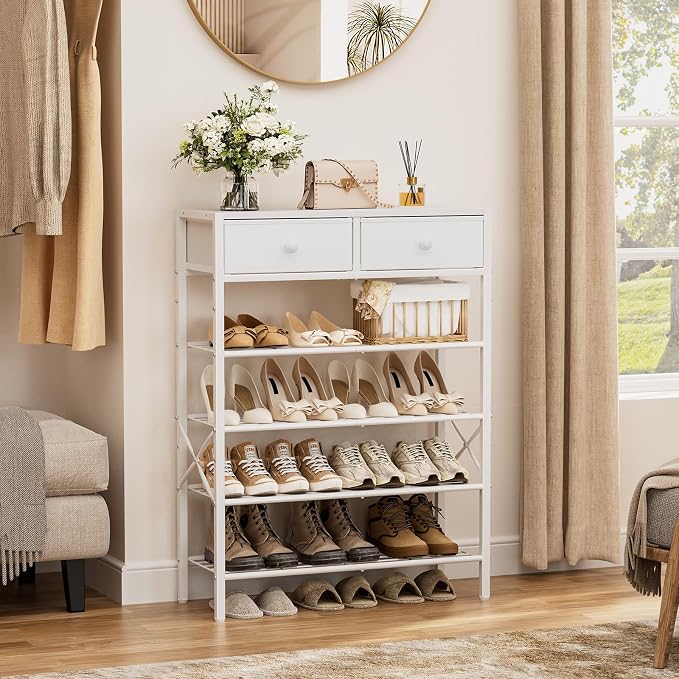 Shoe Rack for Entryway, 5 Tier Shoe Organizer with 2 Non-Woven Drawers, Metal Storage Shoe Shelf for 16-20 Pairs of Shoes, with Wooden Top and Steel Frame, Shoe Stand for Closet Greige - Image 4