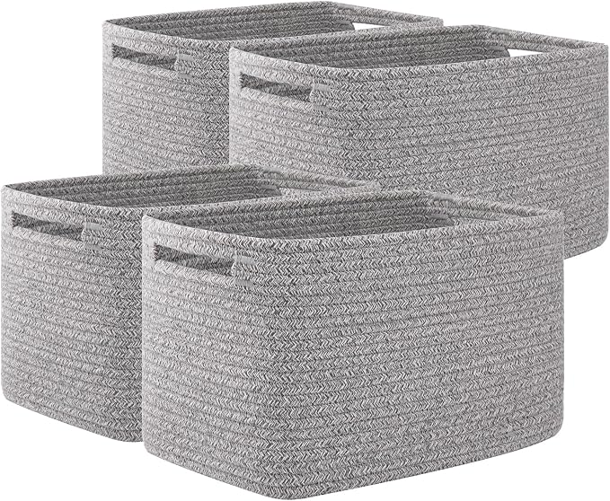 OIAHOMY 4 Pack Storage Baskets for Organizing, Cube Storage Bins for Shelves, Rectangle Storage Baskets With Handles, Woven Baskets for Storage, 12.7''Lx9''Wx7.8''H, Grey by MasterofSpaceOptimization