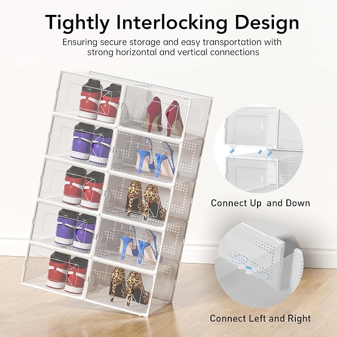 Foluck X-Large Shoe Storage Box, 15 Pack Clear Plastic Stackable Shoe Organizer for Closet, Interlocking Design Shoe Container Bins for Sneakers, Foldable Shoe Rack with Lids, White - Image 4