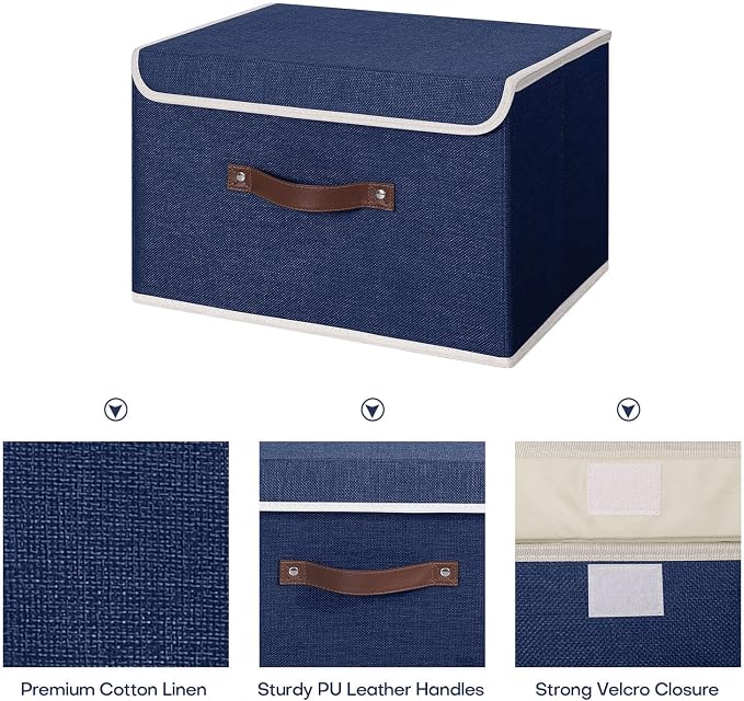 ANMINY Storage Bin with Lid Storage Boxes with PU Leather Handles PP Plastic Board Decorative Foldable Lidded Cotton Linen Fabric Home Cubes Baskets Closet Organizer Container - Blue, Medium - Image 4