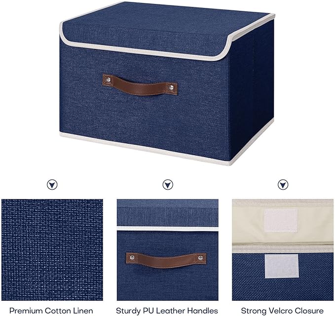 ANMINY 2PCS Storage Bin with Lid Storage Boxes with PU Leather Handles PP Plastic Board Decorative Foldable Lidded Cotton Linen Fabric Home Cubes Baskets Closet Organizer Container - Blue, Medium - Image 4