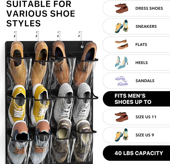 Simple Houseware 24 Pockets Large Clear Pockets Over The Door Hanging Shoe Organizer, Black (56" x 22.5") - Image 3