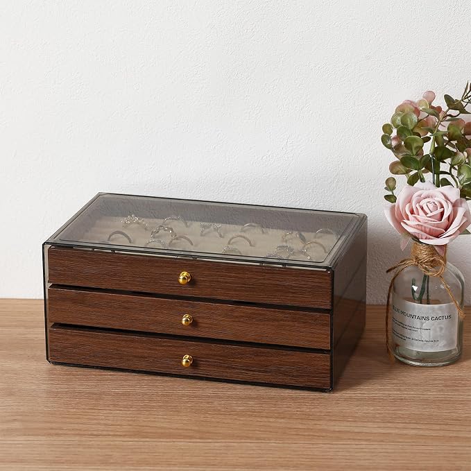 CLUQMEIK 3-layer Wooden Drawer Jewelry Organizers and Storage Box with Grey Acrylic Lid and Velvet Lining, Jewelry Box for Women and Girls to Store Rings Earrings Bracelets Necklaces - Image 8