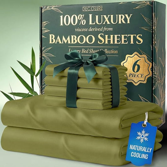 DECOLURE 100% Viscose Derived from Bamboo Sheets King Size - Luxury 6 Pc Naturally Cooling Sheets, Ultra Soft Bed Set - Deep 17" Pockets, Durable Double Stitching, Oeko Tex Standard (Light Olive)