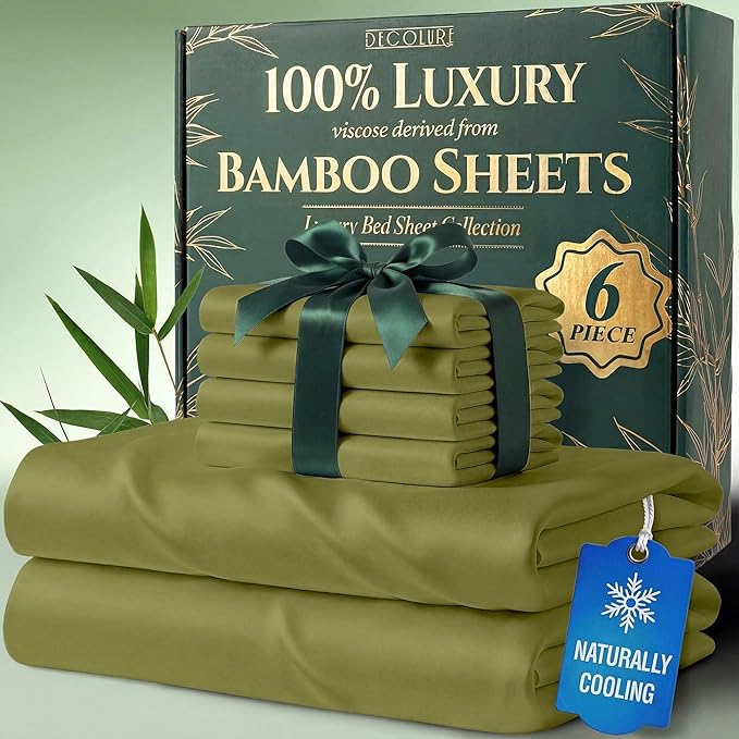 DECOLURE 100% Viscose Derived from Bamboo Sheets California King Size - Luxury 6 Pc Naturally Cooling Sheets, Ultra Soft Bed Set - Deep 17" Pockets, Double Stitching, Oeko Tex Standard (Light Olive)