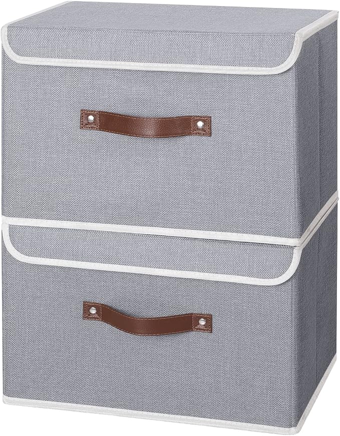 ANMINY 2PCS Storage Bins with Lid PU Leather Handles Storage Boxes PP Plastic Board Decorative Foldable Lidded Cotton Linen Fabric Home Cubes Baskets Closet Organizer Containers - Gray, Large Size - Image 2