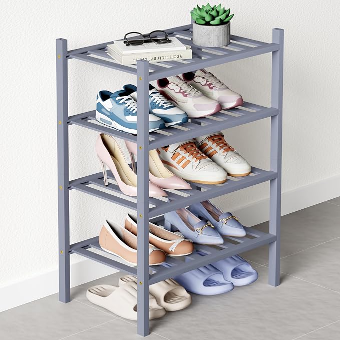 Smiry Bamboo Shoe Rack for Closet, 4 Tier Small Wooden Stackable Shoe Organizer, Free Standing Shoes Storage Shelf for Entryway, Front Door Entrance, Grey by Smiry