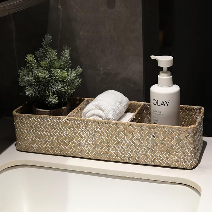 Seagrass Storage Basket 3 Sections Woven Shelf Baskets with Compartment (Whitewash, 14.6inch x 4.7inch x 3.1inch) - Image 5